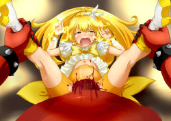 Rule 34 | 10s, 1boy, 1girl, akaooni, bike shorts, blonde hair, blood, brooch, colored skin, cure peace, dress, hetero, highres, horns, jewelry, kise yayoi, long hair, magical girl, monster, oni, precure, pussy, rape, red oni, red skin, scared, size difference, skirt, smile precure!, spread legs, stomach bulge, tears, uncensored, defloration, wantacchi, yellow dress, yellow eyes