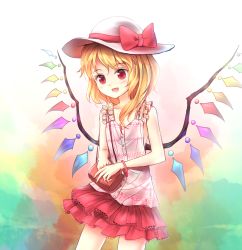 Rule 34 | 1girl, :d, alternate costume, bare shoulders, blonde hair, blush, bow, bracelet, buttons, camisole, contemporary, cowboy shot, crystal, demon wings, eyebrows, fang, flandre scarlet, hair bow, hat, holding, jewelry, layered skirt, looking at viewer, miniskirt, minust, open mouth, red bow, red eyes, red skirt, short hair, skirt, sleeveless, smile, solo, standing, tooth, touhou, white hat, wings