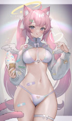 Rule 34 | 1girl, :q, absurdres, ahoge, animal ear fluff, animal ears, bandaid on stomach, bandaid on thigh, bikini, blush, breasts, breasts apart, cat ears, cat girl, cat tail, closed mouth, cowboy shot, food, grey eyes, halo, heart, highres, hitowa, holding, holding food, ice cream, ice cream cone, long hair, long sleeves, looking at viewer, medium breasts, multicolored nails, nail polish, navel, original, pink hair, puffy long sleeves, puffy sleeves, solo, standing, stomach, swimsuit, tail, thigh strap, thighhighs, thighs, tongue, tongue out, very long hair, white bikini