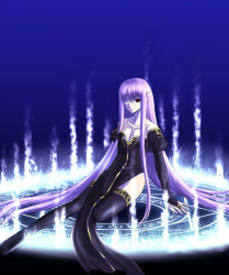 Rule 34 | 1girl, 74, bare shoulders, breasts, bridal gauntlets, circlet, cleavage, dark persona, female focus, fire emblem, fire emblem: genealogy of the holy war, julia (fire emblem), long hair, magic circle, nintendo, purple hair, red eyes, side slit, solo, thighhighs, very long hair