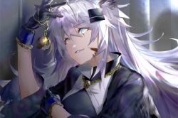 Rule 34 | 1girl, absurdres, animal ears, arknights, black dress, black gloves, blood, blood on face, commentary request, dress, gloves, grey eyes, grin, hair between eyes, hair ornament, hairclip, head tilt, highres, holding, holding pocket watch, huge filesize, lappland (arknights), lappland (refined horrormare) (arknights), long hair, looking at object, official alternate costume, open mouth, pocket watch, sharp teeth, silver hair, smile, solo, teeth, upper body, watch, wolf ears, zanki (zanki3875730)