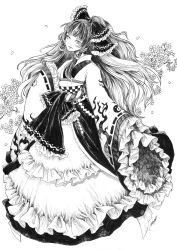 Rule 34 | 1girl, alternate costume, bow, cherry blossoms, closed mouth, embellished costume, expressionless, eyelashes, floating hair, frills, full body, greyscale, hair bow, hair tubes, hakurei reimu, highres, johnalay, long hair, looking at viewer, monochrome, nostrils, sidelocks, simple background, sleeves past fingers, sleeves past wrists, solo, standing, touhou, traditional media, very long hair