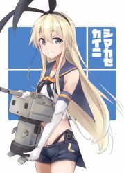 Rule 34 | 1girl, black neckerchief, black panties, blonde hair, blue background, blue sailor collar, blue shorts, commentary request, cowboy shot, crop top, elbow gloves, gloves, grey eyes, highleg, highleg panties, highres, kantai collection, long hair, minosu, neckerchief, original remodel (kantai collection), panties, rensouhou-chan, romaji text, sailor collar, shimakaze (kancolle), shorts, simple background, solo, translation request, underwear, white gloves
