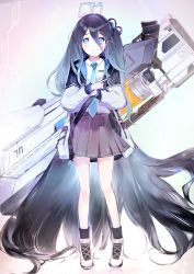 Rule 34 | 1girl, absurdly long hair, absurdres, aris (blue archive), blue archive, blue hair, blue necktie, collared shirt, dark blue hair, full body, glowing, hairband, highres, index finger raised, jacket, long hair, looking at viewer, necktie, open clothes, open jacket, pupu (pixiv 69902916), railgun, school uniform, shirt, shoes, side ponytail, smile, sneakers, socks, solo, standing, very long hair, weapon, weapon on back, white background, white shirt