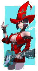 Rule 34 | 1girl, bare shoulders, black hair, bob cut, breasts, choker, cleavage, collarbone, electric guitar, fingerless gloves, gloves, guilty gear, guilty gear xrd, guitar, hair between eyes, hat, heterochromia, i-no, instrument, iwamoto eiri, large breasts, lipstick, looking at viewer, makeup, mole, mole under eye, nail polish, o-ring, o-ring top, open mouth, red eyes, red lips, short hair, simple background, solo, witch hat