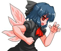 Rule 34 | 1girl, alternate color, alternate eye color, bad id, bad pixiv id, black sclera, blue hair, bow, cirno, colored sclera, fang, hair bow, ice, ice wings, mono (moiky), open mouth, puffy sleeves, red eyes, short sleeves, solo, touhou, transparent background, wings