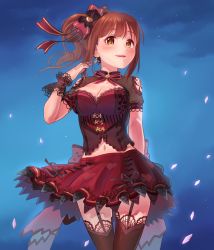 Rule 34 | 10s, 1girl, arm behind back, black thighhighs, blue background, blush, bow, breasts, brown eyes, brown hair, bustier, capelet, cleavage, clothing cutout, cowboy shot, dress, earrings, garter straps, hair bow, tucking hair, heart, heart earrings, idolmaster, idolmaster cinderella girls, idolmaster cinderella girls starlight stage, igarashi kyoko, jewelry, kamille (vcx68), lace, lace-trimmed legwear, lace trim, long hair, looking at viewer, medium breasts, midriff, navel, parted lips, red dress, red skirt, short sleeves, shoulder cutout, side ponytail, skirt, smile, solo, thighhighs, wrist cuffs