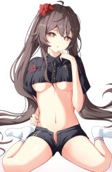 Rule 34 | 1girl, absurdres, ahoge, alternate breast size, alternate costume, black shirt, black shorts, breasts, brown hair, commentary request, crop top, finger to mouth, flower, flower-shaped pupils, full body, genshin impact, hair flower, hair ornament, highres, hu tao (genshin impact), legs, light blush, long hair, looking at viewer, medium breasts, navel, no shoes, open clothes, open fly, open shorts, red eyes, red flower, red nails, shirt, short shorts, short sleeves, shorts, sidelocks, simple background, sitting, socks, solo, stomach, symbol-shaped pupils, thighs, twintails, underboob, very long hair, wariza, white background, white socks, yeni1871