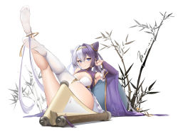 Rule 34 | 1girl, absurdres, asymmetrical legwear, azur lane, blue eyes, breasts, chinese commentary, cleavage, closed mouth, commentary request, cone hair bun, convenient censoring, dated, detached sleeves, feet, full body, hair between eyes, hair bun, hair intakes, hand up, highres, janload1ng, large breasts, legs up, long hair, long sleeves, looking at viewer, multicolored hair, no shoes, purple hair, scroll, silver hair, simple background, single sock, single thighhigh, sitting, smile, socks, solo, split-color hair, thighhighs, tiara, two-tone hair, uneven legwear, very long hair, white socks, ying swei (azur lane)
