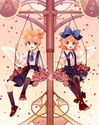 Rule 34 | 1boy, 1girl, amezawa koma, angel wings, bad id, bad pixiv id, blonde hair, blue eyes, bow, brother and sister, flower, hair bow, hair ribbon, holding hands, hetero, kagamine len, kagamine rin, petals, ribbon, scales, short hair, siblings, sitting, smile, twins, vocaloid, weighing scale, wings