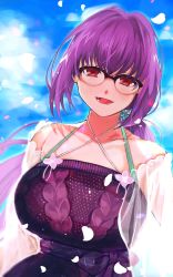 Rule 34 | 1girl, :d, blue sky, bracelet, breasts, cloud, cloudy sky, dress, fate/grand order, fate (series), glasses, hair ornament, hair scrunchie, highres, jewelry, large breasts, long hair, looking at viewer, low ponytail, nail polish, open mouth, outdoors, petals, poteto (toshiko63011), purple hair, purple nails, red eyes, scathach (fate), scathach skadi (fate), scathach skadi (swimsuit ruler) (fate), scathach skadi (swimsuit ruler) (second ascension) (fate), scrunchie, see-through, sky, smile, solo, sweater, sweater dress