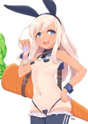Rule 34 | 1girl, adapted costume, alakoala, animal ears, blonde hair, blue eyes, blush, breasts, carrot, condom, condom wrapper, cowboy shot, dated, fake animal ears, hairband, hand on own hip, heart pasties, highres, kantai collection, long hair, looking at viewer, meme attire, navel, one-piece tan, open mouth, pasties, rabbit ears, rabbit tail, revealing clothes, reverse bunnysuit, reverse outfit, ro-500 (kancolle), signature, simple background, small breasts, smile, solo, tail, tan, tanline, teeth, upper teeth only, white background, wrist cuffs