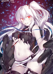 Rule 34 | 10s, 1girl, abyssal ship, breasts, destroyer water oni, gloves, glowing, glowing eyes, highres, kantai collection, long hair, md5 mismatch, obiwan, pale skin, red eyes, side ponytail, sleeveless, smile, solo, twitter username, underboob, white hair