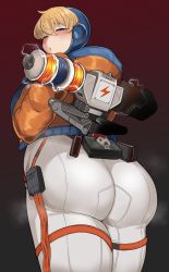 Rule 34 | 1girl, :o, animification, apex legends, ass, blonde hair, blue eyes, blue headwear, blush, bodysuit, chamchami, commentary, electricity, english commentary, eyebrows hidden by hair, facial scar, from behind, half-closed eyes, highres, hood, hooded bodysuit, hooded jacket, huge ass, jacket, lichtenberg figure, lightning bolt symbol, looking at viewer, looking down, open mouth, orange jacket, scar, scar on cheek, scar on face, solo, wattson (apex legends), white bodysuit