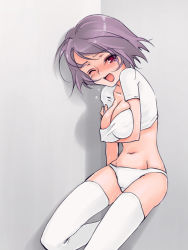 Rule 34 | 1girl, blush, breast hold, breasts, cleavage, midriff, navel, panties, short hair, solo, standing, tears, thighhighs, torazou, underwear, white panties, white thighhighs, wince