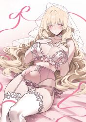 1girl absurdres artist_name blanche_neige_(svet_yomi) blonde_hair blush breasts cleavage closed_mouth commentary dress english_commentary garter_belt gown hand_on_own_chest highres large_breasts long_hair looking_at_viewer lying on_back original panties pink_eyes pink_ribbon ribbon smile solo svet_yomi thighhighs underwear white_panties white_thighhighs