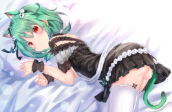 Rule 34 | 1girl, :3, absurdres, ahoge, animal ears, ass, bent over, black dress, blue hair, blush, cat ears, dress, ear piercing, frilled dress, frilled straps, frilled thighhighs, frills, from side, garter straps, gothic lolita, gradient hair, green hair, hair ornament, hair ribbon, highres, hololive, lolita fashion, looking at viewer, low twintails, lying, multicolored hair, off-shoulder dress, off shoulder, on bed, on side, paw pose, piercing, pillow, pom pom (clothes), red eyes, ribbon, see-through, see-through sleeves, short dress, short hair, short sleeves, short twintails, sidelocks, skull hair ornament, solo, thighhighs, twintails, upskirt, uruha rushia, uruha rushia (3rd costume), virtual youtuber, white garter straps, white thighhighs, wristband, yukikawa sara
