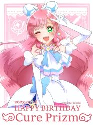 Rule 34 | 1girl, ascot, bow, braided sidelock, brooch, character name, cure prism, dated, detached sleeves, dress, earrings, elbow gloves, glove bow, gloves, green eyes, hair bow, hair ornament, hirogaru sky! precure, jewelry, long hair, looking at viewer, magical girl, nijigaoka mashiro, one eye closed, open mouth, pink hair, precure, puffy detached sleeves, puffy sleeves, smile, solo, tanshi tanshi, twitter username, v, very long hair, white ascot, white bow, white dress, white gloves, wing brooch, wing hair ornament