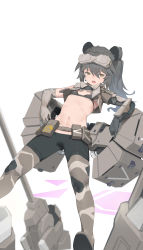 Rule 34 | 1girl, :&lt;, :o, absurdres, alice gear aegis, animal ears, arm support, atk7, belt, belt pouch, bikini, bikini top only, black bikini, bracer, camouflage, camouflage pants, chestnut mouth, cropped jacket, elbow gloves, eyebrows hidden by hair, fake animal ears, flat chest, gloves, grey hair, headgear, highres, leggings, long hair, looking at viewer, lying, mecha musume, midriff, military, navel, on back, open mouth, pants, ponytail, pouch, shinonome chie, short sleeves, solo, spread legs, swimsuit, tight clothes, tight pants, white background, yellow eyes