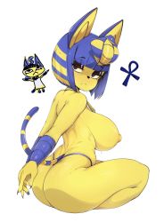 Rule 34 | 1girl, animal crossing, animal ears, ankh, ankha (animal crossing), ass, bad id, bad twitter id, bob cut, breasts, cat ears, cat tail, colored skin, egyptian, eyeliner, from behind, furry, furry female, hair ornament, highres, large breasts, looking at viewer, looking back, makeup, nintendo, nipples, shiny skin, short hair, simple background, sitting, slugbox, snake hair ornament, solo, striped tail, sweat, tail, thong, topless, underboob, white background, yellow skin
