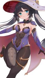 Rule 34 | 1girl, absurdres, aqua eyes, black hair, blush, bodystocking, breasts, capelet, closed mouth, detached sleeves, floating hair, fur collar, genshin impact, gold footwear, gold trim, hat, high heels, highres, leotard, long hair, looking at viewer, medium breasts, mona (genshin impact), pantyhose, purple leotard, qianqiu wanxia, simple background, solo, sparkle print, standing, standing on one leg, thigh gap, thighlet, twintails, white background, witch hat