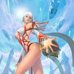 Rule 34 | aircraft, airship, ass, blue eyes, breasts, building, cabal online, cleavage, cloud, dress, dutch angle, earrings, highres, jewelry, sage vell, sky, smile, white hair