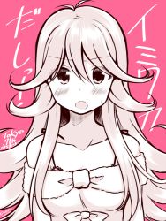 Rule 34 | 1girl, akane souichi, blush, copyright name, long hair, looking at viewer, monochrome, open mouth, pink background, solo, tokyo 7th sisters, usuta sumire