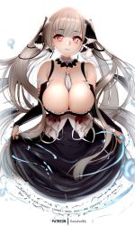 Rule 34 | 1girl, absurdres, artist name, azur lane, bare shoulders, between breasts, black dress, black nails, blush, breasts, character name, cleavage, commentary, dress, earrings, english commentary, flight deck, formidable (azur lane), frilled dress, frills, grey hair, hair ribbon, highres, jewelry, large breasts, long hair, long sleeves, looking at viewer, nail polish, parted lips, red eyes, ribbon, rigging, skirt hold, solo, twintails, twitter username, two-tone dress, two-tone ribbon, very long hair, zasshu
