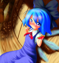 Rule 34 | 1girl, blue hair, blush, bow, cirno, female focus, food, hair bow, osatsu, popsicle, short hair, solo, embodiment of scarlet devil, touhou, watermelon bar, wings