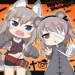 Rule 34 | 10s, 2girls, alternate costume, animal ears, bandaged arm, bandages, belt, blue eyes, brown eyes, brown hair, chestnut mouth, clenched hands, commentary request, eyebrows, fake animal ears, fake tail, girls und panzer, hair ribbon, halloween costume, happy halloween, itsumi erika, long hair, looking at viewer, midriff, military, military uniform, multiple girls, open mouth, ribbon, scar, shimada arisu, tail, ume (noraneko), uniform