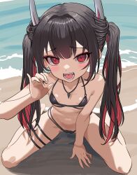 Rule 34 | 1girl, absurdres, azur lane, beach, bikini, black bikini, black hair, breasts, colored inner hair, fellatio gesture, flat chest, hatsuzuki (azur lane), highres, horns, jewelry, long hair, looking at viewer, multi-strapped bikini bottom, multicolored hair, navel, necklace, ocean, official alternate costume, open mouth, outdoors, pseudo k, red eyes, red hair, sand, sitting, small breasts, solo, swimsuit, twintails, two-tone hair, wariza