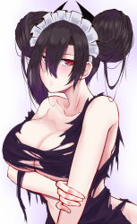 Rule 34 | 1girl, agent (girls&#039; frontline), alternate costume, arm grab, arm under breasts, black hair, blush, breasts, cleavage, double bun, enmaided, girls&#039; frontline, hair between eyes, highres, horns, large breasts, looking at viewer, maid, maid headdress, pao mian+dan, red eyes, solo, torn clothes, upper body, white background