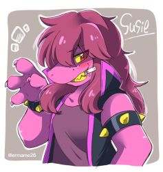 Rule 34 | 1girl, armlet, chalk, colored sclera, colored skin, deltarune, eromame, long hair, pink hair, pink skin, red eyes, simple background, solo, spiked armlet, susie (deltarune), waving, yellow sclera, yellow teeth
