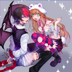 Rule 34 | 1boy, 1girl, :d, arms behind back, black hair, black nails, black shirt, black thighhighs, black wings, blood, blood from mouth, bloody weapon, boots, bound, bound wrists, breasts, brown hair, cleavage, code geass, collarbone, fangs, fingernails, garter straps, green eyes, grey background, holding, holding knife, knife, lelouch vi britannia, long hair, medium breasts, miniskirt, multicolored hair, nail polish, necktie, open mouth, pleated skirt, purple eyes, red hair, red neckwear, sharp fingernails, sharp teeth, shirley fenette, shirt, short hair, short shorts, shorts, sitting, skirt, smile, squatting, striped clothes, striped thighhighs, sumi otto, teeth, thighhighs, torn clothes, torn legwear, torn shirt, two-tone hair, vampire, very long hair, wariza, weapon, white shirt, white shorts, white skirt, wings, zettai ryouiki