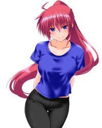 Rule 34 | 1girl, ahoge, arms behind back, black pants, blue eyes, blue shirt, blush, braid, breasts, closed mouth, collarbone, engo (aquawatery), highres, large breasts, long hair, looking at viewer, lyrical nanoha, mahou shoujo lyrical nanoha strikers, pants, pink hair, shirt, signum, simple background, smile, solo, white background