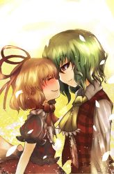 Rule 34 | 2girls, arms at sides, ascot, blonde hair, blouse, facing another, forehead-to-forehead, gradient background, green hair, hair ribbon, heads together, hinohikari, imminent kiss, kazami yuuka, light particles, long sleeves, looking down, medicine melancholy, multiple girls, neck ribbon, open clothes, open vest, petals, plaid, plaid vest, puffy short sleeves, puffy sleeves, red eyes, red shirt, red skirt, ribbon, shirt, short hair, short sleeves, sideways mouth, skirt, smile, touhou, upper body, vest, yellow background, yuri