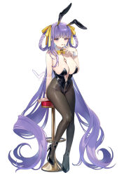 1girl animal_ears bar_stool bb_dubai_(fate) black_footwear black_leotard bow bowtie braid breasts cleavage collar detached_collar fake_animal_ears fate/grand_order fate_(series) hair_ribbon high_heels highres large_breasts leotard long_hair on_stool pantyhose purple_eyes purple_hair rabbit_ears ribbon signature solo stool strapless strapless_leotard twin_braids twitter_username very_long_hair vivi_(eve_no_hakoniwa) white_collar white_wrist_cuffs wrist_cuffs yellow_bow yellow_bowtie yellow_ribbon