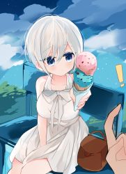 Rule 34 | 1girl, amesawa mokke, bag, bench, between legs, blue eyes, blush, breasts, closed mouth, day, dress, food, hair between eyes, hand between legs, highres, ice cream, medium breasts, original, out of frame, outdoors, short hair, silver hair, sitting, solo focus, sundress, tsurime