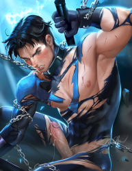 Rule 34 | 1boy, abs, batman (series), black hair, bodysuit, chain, dc comics, dick grayson, erection, escrima stick, gloves, gradient background, highres, male focus, nightwing, penis, sakimichan, short hair, skin tight, solo, toned, torn clothes, uncensored, watermark