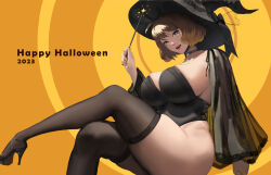 Rule 34 | 1girl, 2023, :d, ahoge, alternate costume, anis (nikke), black cape, black thighhighs, breasts, cape, curvy, goddess of victory: nikke, halloween, halloween costume, hat, highres, holding, holding wand, huge breasts, light brown hair, looking at viewer, open mouth, short hair, skindentation, smile, solo, thick thighs, thighhighs, thighs, twoteeth, wand, witch, witch hat, yellow eyes