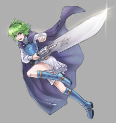 Rule 34 | 1girl, blue eyes, blush, cape, crossover, final fantasy, final fantasy viii, fire emblem, fire emblem: the blazing blade, fire emblem heroes, gloves, green hair, gunblade, hairband, highres, long hair, looking at viewer, nino (fire emblem), nintendo, open mouth, short hair, skirt, solo, sword, weapon