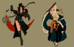 Rule 34 | 1boy, 1other, ascot, asymmetrical sleeves, bare shoulders, bird, black hair, blue headband, boots, brown hair, crow, glasses, gloves, guilty gear, guilty gear strive, hand fan, hat, headband, highres, holding, holding scythe, jaknuckl, japanese clothes, kimono, long hair, mito anji, multicolored clothes, multicolored kimono, muscular, muscular male, scythe, skull, testament (guilty gear), top hat, white ascot