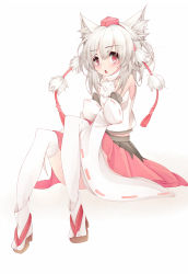 Rule 34 | 1girl, animal ears, blush, detached sleeves, full body, hat, high heels, highres, inubashiri momiji, long sleeves, looking at viewer, open mouth, pom pom (clothes), red eyes, sandals, shirt, short hair, silver hair, simple background, sitting, skirt, socks, solo, string, tangusuten, thighhighs, tokin hat, touhou, turtleneck, white background, white socks, wide sleeves, wolf ears