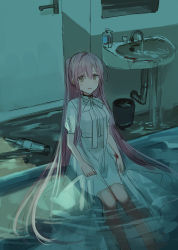 Rule 34 | 1girl, blood, blush, bottle, breasts, brown eyes, chihuri, door, dress, faucet, hair between eyes, highres, indoors, long hair, looking at viewer, original, overflowing, parted lips, peril, pink hair, puffy short sleeves, puffy sleeves, ribbon, short sleeves, sink, sitting, sketch, small breasts, smile, soap bottle, solo, suicide, trash can, very long hair, water, wet, wet clothes, wet dress, white dress, white ribbon, yana (chihuri)