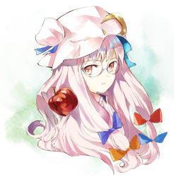 Rule 34 | 1girl, apple, bespectacled, expressionless, female focus, food, fruit, glasses, hat, long hair, ogawa maiko, patchouli knowledge, pink hair, red eyes, solo, staring, touhou, upper body