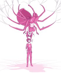 Rule 34 | 1boy, 1girl, arachne, arthropod girl, belly, breasts, hanging, heart, highres, holding head, insect girl, large breasts, leena (luxuriass), luxu, midriff, monster girl, multiple arms, multiple eyes, multiple legs, open mouth, original, silk, simple background, spider girl, spider web, taur, upside-down