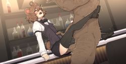 Rule 34 | 1boy, 1girl, ahoge, alcohol, animal ears, bartender, bear ears, bear girl, bear tail, black bow, black bowtie, black skirt, black thighhighs, blush, booth seating, bow, bowtie, breasts, brown hair, closed eyes, clothed female nude male, clothed sex, collared shirt, dark-skinned male, dark skin, full body, hair between eyes, hetero, highres, interior, loafers, long sleeves, medium hair, messy hair, nude, open mouth, original, penis, sex, shelf, shirt, shoes, short hair, shuuko (s h uuko), skirt, small breasts, solo focus, tail, thighhighs, torso grab, traditional bowtie, trembling, upper body, vest, white shirt