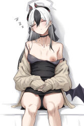 Rule 34 | 1girl, black choker, black dress, black hair, black horns, black nails, black wings, blue archive, blush, breasts, choker, closed eyes, collarbone, demon horns, demon wings, dress, ear piercing, feet out of frame, gohei (aoi yuugure), grey halo, grey jacket, hair between eyes, halo, highres, horns, jacket, kayoko (blue archive), kayoko (dress) (blue archive), long hair, mole, mole on neck, multicolored hair, nail polish, nipples, no bra, official alternate costume, one breast out, parted lips, piercing, single wing, sitting, sleeping, sleeves past wrists, small breasts, solo, strap slip, wardrobe malfunction, white hair, wings, zzz