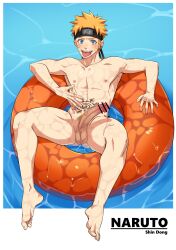 1boy absurdres armpits blonde_hair blue_eyes erection facial_mark forehead_protector highres inflatable_raft looking_at_viewer lying male_focus naruto_(series) naruto_shippuuden nipples on_back partially_submerged pectorals penis precum precum_string shin_dong short_hair solo stomach_tattoo tattoo testicles toned toned_male tongue tongue_out uzumaki_naruto water whisker_markings