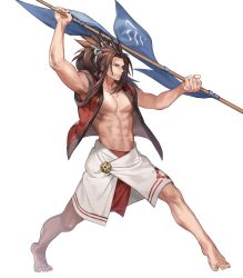 Rule 34 | 1boy, abs, barefoot, brown eyes, brown hair, fire emblem, fire emblem fates, fire emblem heroes, full body, highres, long hair, male focus, navel, nintendo, official alternate costume, official art, open clothes, open shirt, p-nekor, pectorals, polearm, ponytail, ryoma (fire emblem), solo, stomach, transparent background, weapon